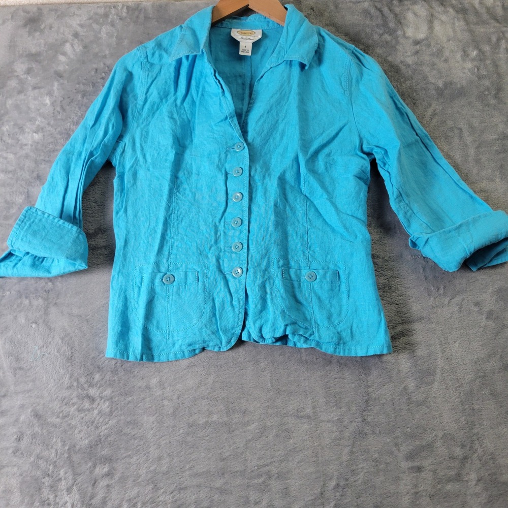 Talbots Petites Irish Linen Button Up Jacket Turquoise Blue Size 6P 3/4 Sleeve
